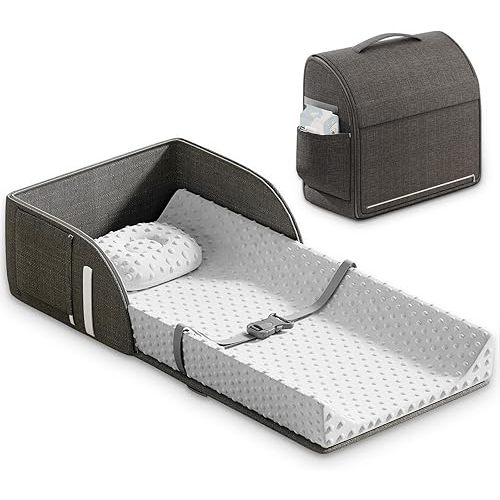 Portable Baby Diaper Changing Pad Waterproof Lining Foam Contoured Changing Table Pad with Soft Non-Slip Cover and Headrest for Dresser, Changing Table Topper Travel Outdoor