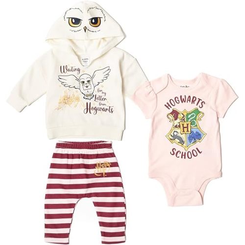 Harry Potter Baby Fleece Pullover Hoodie Bodysuit and Pants 3 Piece Outfit Set Newborn to Infant