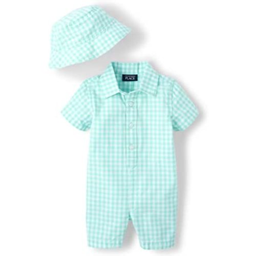 The Children's Place baby-boys And Newborn Woven Plaid Romper and Hat 2-piece Set