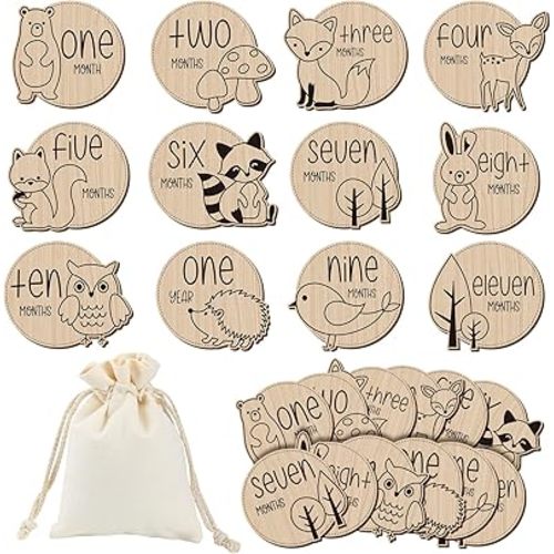 Wesiti 12 Pcs Wooden Baby Milestone Cards with Linen Bag Baby Monthly Milestone Marker Discs Signs Baby Announcement Cards for Pregnancy Growth Baby Shower Gifts Newborn Photo Props (Animal Style)