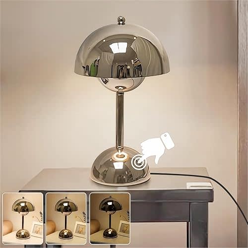 ELINKUME Mushroom Lamp with Touch Control,Power Cord Plug,3000K Warm Light Table Bedside Lamp,Dimmable Mushroom Desk Lamp,for Bedroom,Living Room,Study,Cafe,Restaurant(Silver,Include G45 LED Bulb)