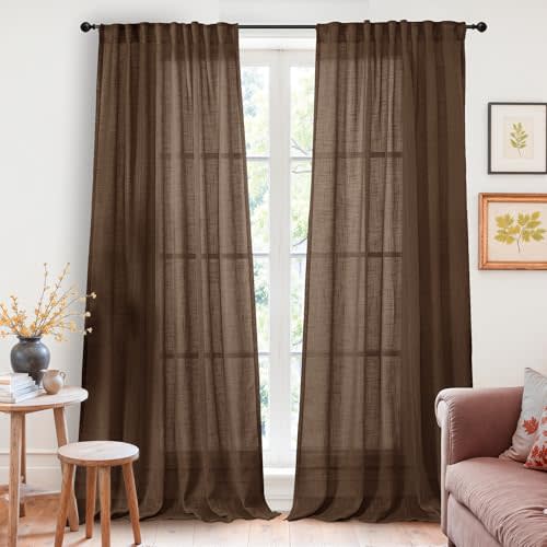 YoungsTex Brown Linen Curtains 84 Inch Length for Living Room - Chocolate Light Filtering Drapes Semi Sheer with Rod Pocket Back Tab for Bedroom, 2 Panels, 52 X 84 Inch