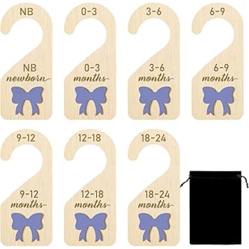 R HORSE Wooden Baby Closet Dividers - 8Pcs Double-Sided 3D Purple Bow Baby Closet Organizer Newborn Clothes Size Hanger Dividers Nursery Decor Baby Shower Birthday Gift for Boy Girl (0-24 Months)