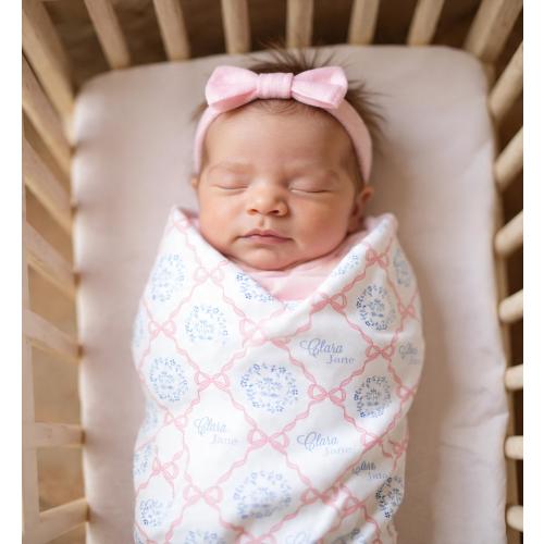 Personalized Baby Swaddle Blanket: Pink Heirloom Bows, Soft Knit