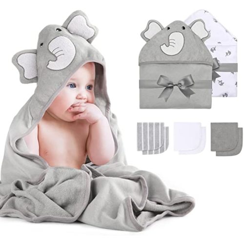 Momcozy Baby Hooded Towel, 8-Piece Baby Bath Towel for Boys or Girls, Baby Towel and Washcloth Set with Cute Design, Baby Shower Towel Gift for Newborns, Infants and Toddlers (Grey)
