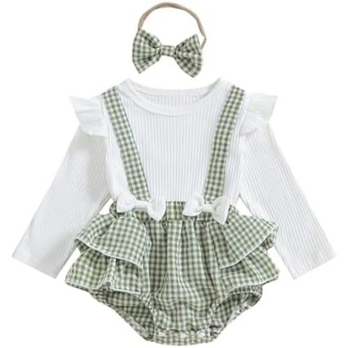 Baby Girls Ribbed Romper Outfits Ruffle Sleeve Bodysuit with Plaid Romper Dress One Piece Bubble Playsuit+Headband