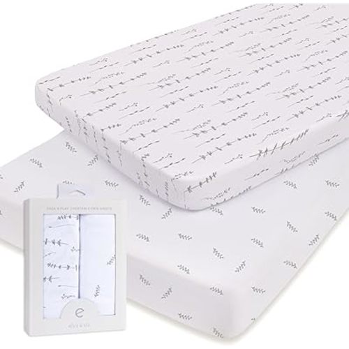 Pack and Play Sheets - 2 Pack Fitted with 100% Jersey Cotton - Pack N Play Mattress Sheets for Boys and Girls, Newborn Essentials (Neutral Forest Grey Floral and Leaves)