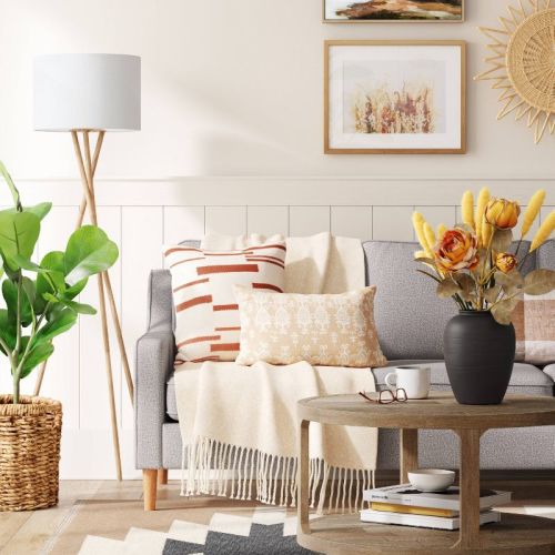 59"x18.5" Modern Tripod Floor Lamp Natural - Threshold™: Linen Shade, Metal Body, Etl Listed, 3-way Switch