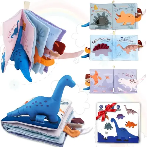 Richgv Baby Books Toys 6-12 Months, Baby Boy Girl Gifts Toys 0-6-12 Touch and Feel 3D Books with Dino Doll, Newborn Infant Carseat Toys Teething Toys Christmas Stocking Stuffers for Boys Girls