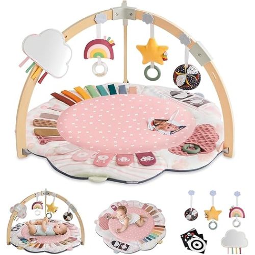 Blissful Diary Baby Play Gym & Activity Mat, 5 Developmental Zones Wooden Tummy Time Mat with 5 Detachable Sensory Toys for Motor Skills & Sensory Development, Baby Essentials Shower Gift, Pink Flower