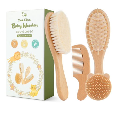 Yoofoss 4 Piece Baby Brush and Comb Set, Wooden Baby Brush with Natural Ultra Soft Goat Hair, Baby Hair Brush for Newborn, Baby Brush Set for Boy Girl