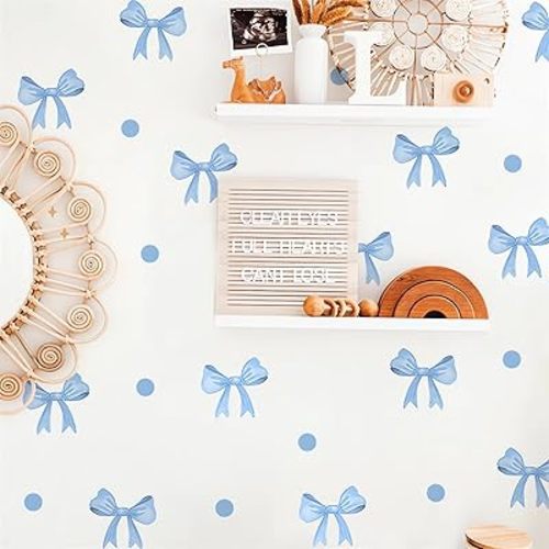 6 Sheets Light Blue Bowknot Wall Stickers, sacinora Bow Polka Dot Wall Decals Removable Vinyl Peel and Stick for Kids Baby Nursery Bedroom Toddler Room Furniture Art Home Decorations