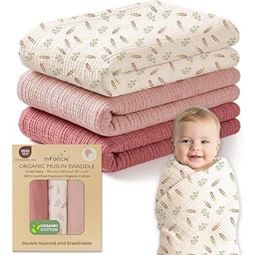 100% Organic Cotton Muslin Baby Blanket 3 Pack - Breathable Swaddle, Hypoallergenic Double-Layer, Versatile Use (Pink, Floral, Rust, 38x40 Inch)