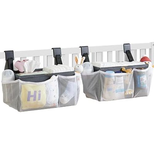 Diaper Organizer for Crib, 2-Pack Changing Table Organizer, 20L Large Capacity Bedside Caddy for Baby Girl Newborn Essentials, Washable Hanging Diaper Caddy, Ideal Baby Shower Gifts with Hook Straps