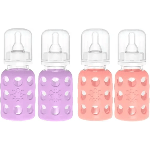 Lifefactory Glass Baby Bottles with Silicone Protection - 4-Pack, 4 oz Each Bottle (2- Lavender & 2- Cantaloupe)