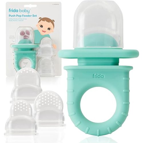 Frida Baby Push Pop Feeder, Baby Fruit Feeder, Baby Fruit Food Feeder to Safely Introduce New Foods, Fresh + Frozen Food Silicone Feeder for Babies, BPA Free, Dishwasher Safe | 3 Count, Teal