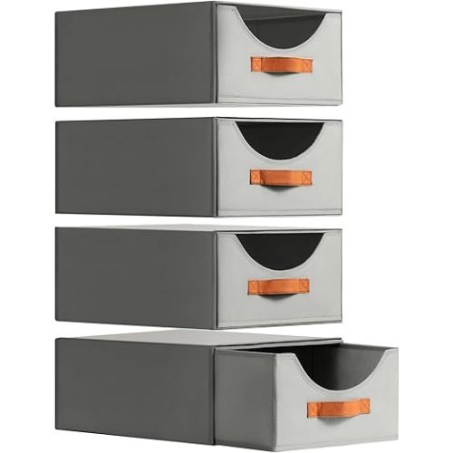 Large Closet Storage Bins with Drawer, Fabric Bins for Organization, Collapsible Storage Drawers Organizer for Bedroom, Living Room, 4 Pack, Grey