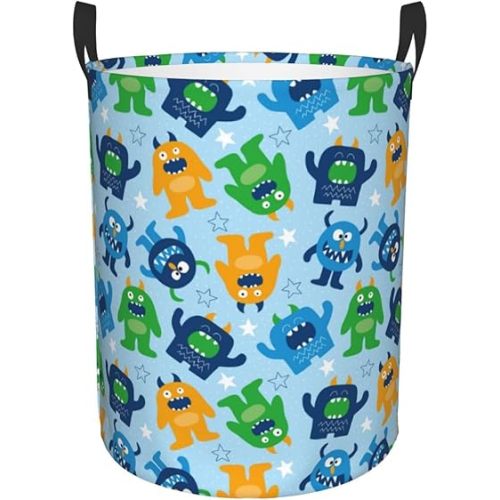 Cartoon Monster Print Laundry Basket Circular Laundry Hamper With Handles Waterproof Dirty Clothes Storage Basket For Bedroom Bathroom Dorm Living Room-Medium