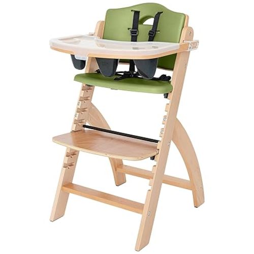 Abiie Beyond Junior Wooden High Chair with Tray - Adjustable and Convertible High Chair for Babies and Toddlers - 6 Months to 250 Lb - Water Resistant - Natural Wood with Olive Green Cushion