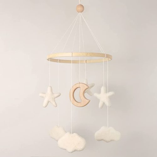 Baby Mobile for Crib - Baby Crib Mobile - Crib Mobile for Girls, Boys - Baby Mobile for Bassinet - Gender Neutral Color Theme - Felt Cloud, Felt Star, Wood Moon - Felt Star + Wood Moon