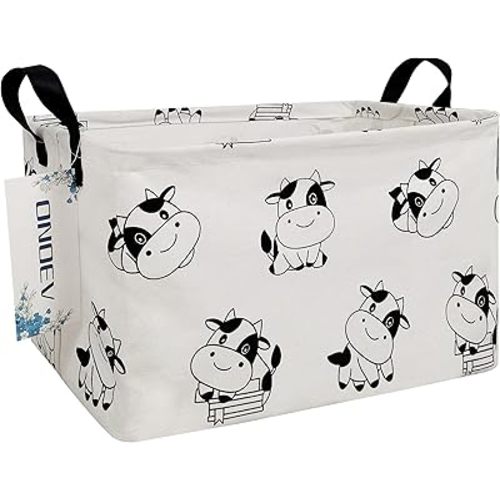 Rectangular Folding Laundry Basket,Canvas Basket,Nersury Hamper,Suitable for Children,Office,Bedroom,Clothes,Toys Storage (REC Cow), 14.9’’L ×10.2’’W×9.05’’H inches