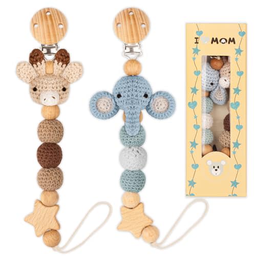 LSTRAGY Pacifier Clip, 2 Pack Pacifier Holder for Boys and Girls, Cute Deer Handmade Knitted Christmas Pacifier Clip Fits for Most Pacifier, Baby Teethers, Baby Shower and Baby Gift(Elephant&Deer)