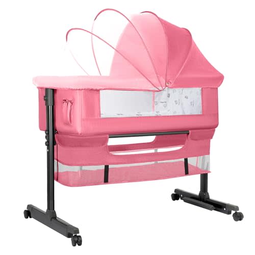 YADAQE Baby Bassinet, Baby Basinet Bedside Sleeper, Easy to Fold Portable Crib Side Bassinet 2024new Style Girl/boy bassinets (Pink)