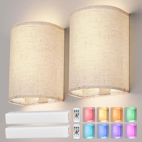 Battery Operated Wall Sconce: Wireless Wall Sconces Set of Two Magnetic Wall Lamp Rechargeable Wall Lights 16 RGB Colors Fabric Linen Shade with Remote Wall Decor for Bedroom Living Room Hallway