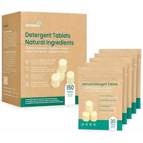 GROWNSY Bottle Washer Detergent Tablets, Plant-Based Enzyme Formula, Removes Milk Residue & Odor, Safe for Baby Bottles & Pump Parts, Compatible with All Bottle Washers, Unscented, 150 Count
