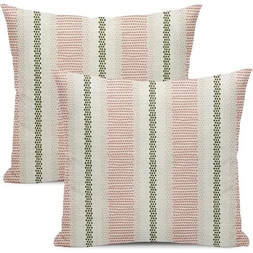 Boho Pillow Covers 18x18 Set of 2 Sage Green Pink Stripe Polka Dot Throw Pillow Covers Outdoor Decoration Modern Abstract Decorative Pillowcase Farmhouse Linen Cushion Case Decor for Couch So
