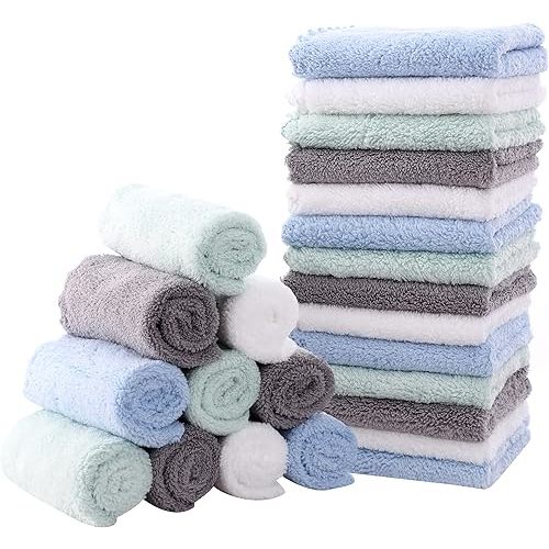 MOON PARK Baby Washcloths, 24 Pack - 8x8 Inches, Small Burp Cloths and Baby Wipes for Boy (White+Grey+Blue+Sage Green)