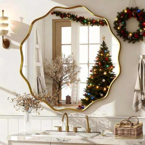 BEAUTYPEAK 30" Wavy Round Bathroom Mirror Wall Decor with Deep Frame, Gold