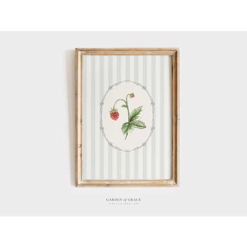 Strawberry on Green Stripes Nursery Wall Art | Cottagecore Summer Girl's Room Decor | Farmhouse Print | Folk and Forest Illustration Poster