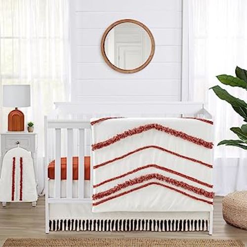 Sweet Jojo Designs Orange Boho Bohemian Girl boy Baby Crib Bedding Set Infant Nursery Blanket Fitted Sheet Skirt Diaper Stacker 4p Burnt Rust Ivory Farmhouse Shabby Chic Modern Tassel Fringe Cotton