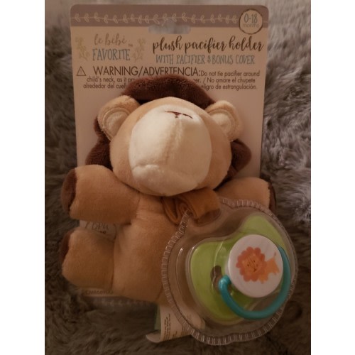 LE BEBE Plush LION Pacifier Holder w/Pacifier & Cover Lovey Binky 0-18  Months