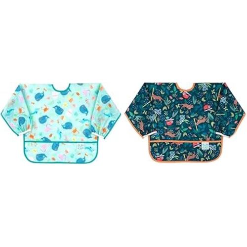 Bumkins Baby and Toddler Bibs, Long Sleeve, Waterproof, Mess Saving, Soft Fabric, Ocean Life and Jungle Prints, Ages 6-24 Months