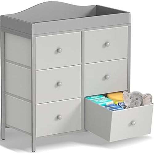 BOLUO Changing Table Dresser with 6 Fabric Drawers, Baby Dresser with Changing Table Top Diaper Changing Station with Storage for Nursery Modern Grey