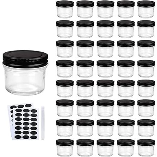 QAPPDA 4oz Glass Jars With Lids,Small Mason Jars Wide Mouth,Mini Canning Jars With Black Lids For Honey,Jam,Jelly,Baby Foods,Wedding Favor,Shower Favors,Spice Jars For Kitchen & Home,Set of 40