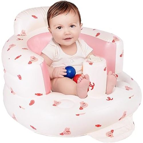 Inflatable Seat for Babies 3-36 Months, Baby Sit Up Chair with Built in Pump, Blow Up Baby Seats for Infants- Pink Bunny