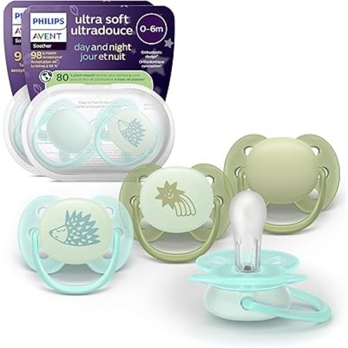 Philips Avent Ultra Soft Day & Night Pacifiers - Orthodontic Design, for Babies 0-6 Months, Glow in the Dark, Symmetrical Silicone Nipple, BPA-free, 2 Sterilizing Cases, 4 Pack, SCF094/09