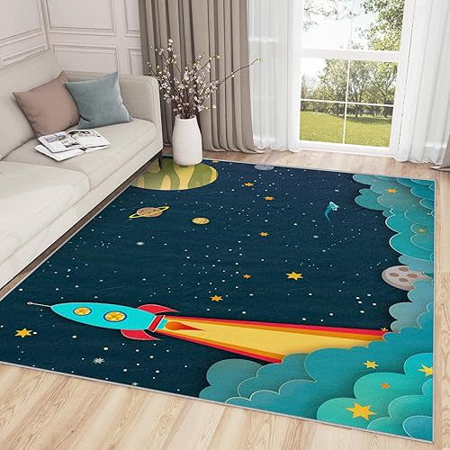 Space Rug for Kids Room - 4x5 Rug - Space Rug - Cartoon Rocket Planet Galaxy Area Rug - Kids Nursery Baby Playroom Rugs - Children's Astronaut Carpet - Space Home Decor Gifts