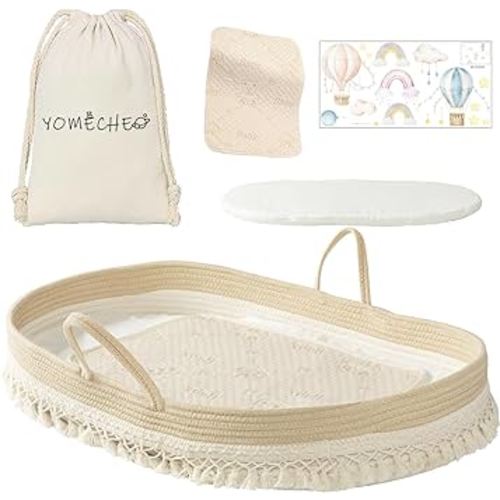YOMECHEO Baby Changing Basket, Diaper Changing Basket for Baby, Boho Nursery Decor Changing Table Baskets for Dresser with Extra Foam Cushion, Waterproof Changing Mat, Storage Bag & Adorable Stickers