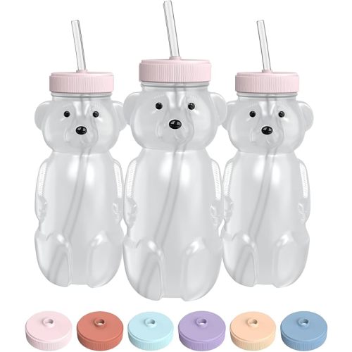 Honey Bear Straw Cup for Babies, 8-oz Honey Bear Cup with Lid, 3-Pack Therapy Learning Honeybear Straw Cup, Baby Honey Bear Bottle Set, Cherry Blossom PINK