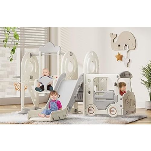 5 in 1 Toddler Slide and Swing Set, Kid Slide for Toddlers Age 1-3, Bus Themed Baby Slide with Basketball Hoop, Indoor Outdoor Slide Toddler Playset Toddler Playground