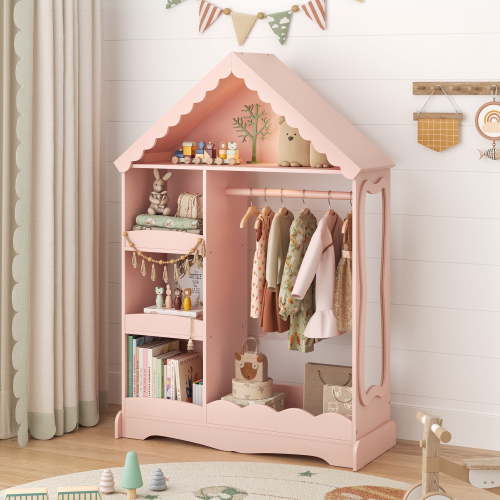 Curipeer Kids Dress Up Storage with Motion-Activated Light,Wood Armoire Wardrobe Closet with Mirror for Bedroom Playroom,Pink