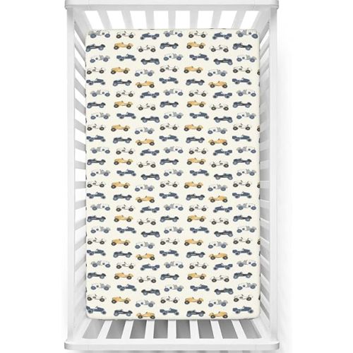 Cars Themed Fitted Crib Sheet,Standard Crib Mattress Fitted Sheet Soft & Stretchy Fitted Crib Sheet-Baby Sheet for Boys Girls, 28“ x52“,Ivory Pale Orange Slate Blue Charcoal Grey