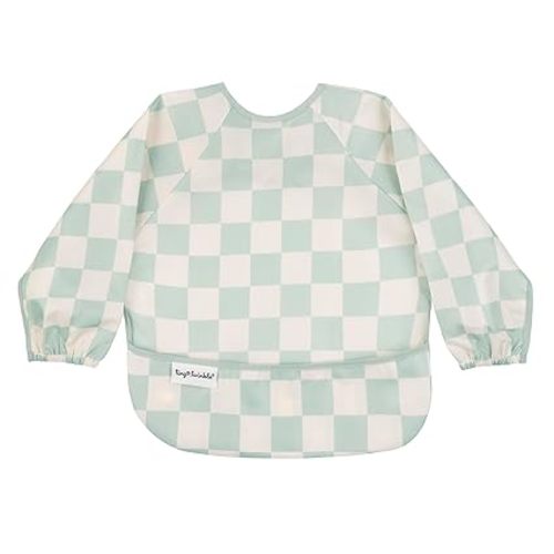 Tiny Twinkle Long Sleeve Bib for Babies & Toddlers | Waterproof Smock Bib for Eating | Machine Washable & Mess-Proof Feeding Essentials | Newborn Shower Gift (Checkers Sage, 6–24M)