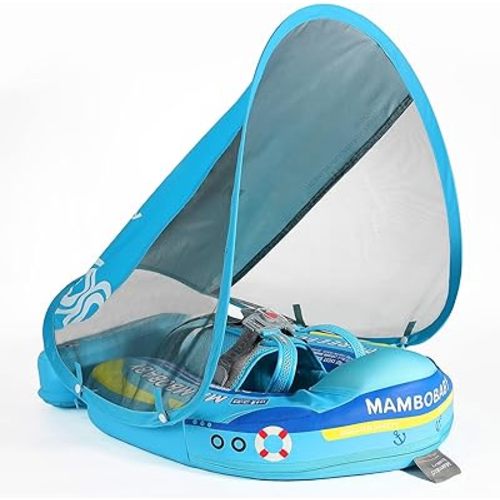 Mambobaby Float with Canopy Size Improved Non Inflatable Infant Baby Pool Float Smart Mambo Float Swim Trainer Add Tail Baby Swim Float Mambo Baby Float Solid Air Free Water Waist Swimming Ring