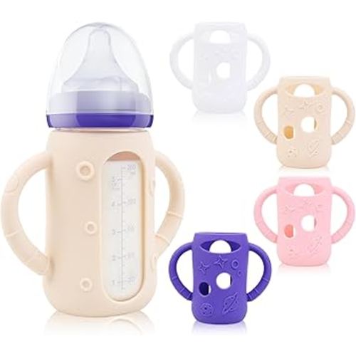 ZCH 4-Pack Silicone Sleeves for Lansinoh Glass Bottles, BPA-Free Drop-Resistant Baby Bottle Sleeves with Handles, Compatible with Lansinoh Anti-Colic Glass Baby Bottles (5 oz)