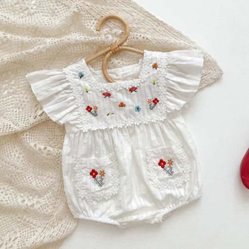 Flare Sleeve Embroidered Romper - 3-6 mos